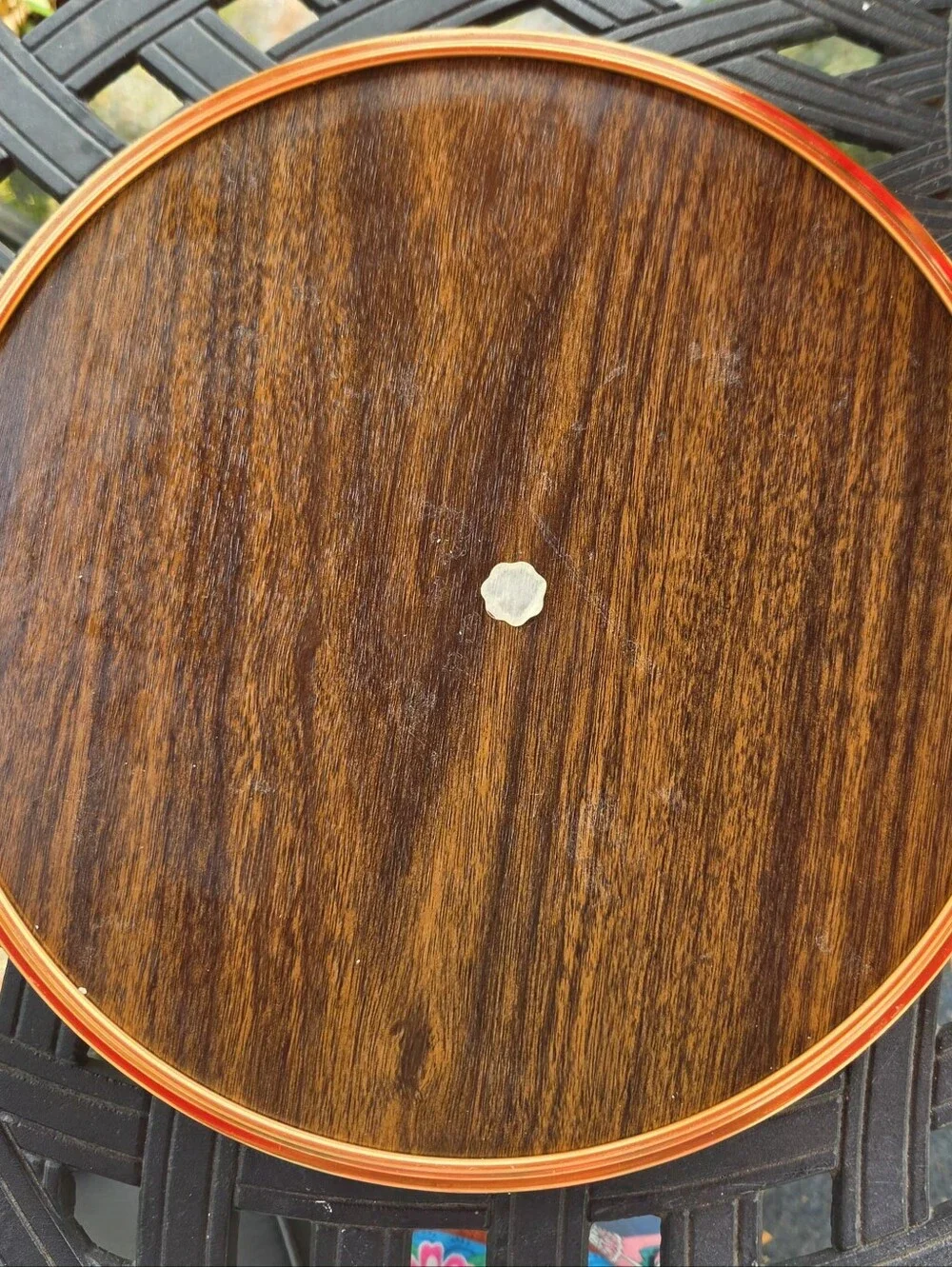 Vtg Coppercraft Guild 13” Copper Edge Round Bar Serving Tray MCM Faux Leather